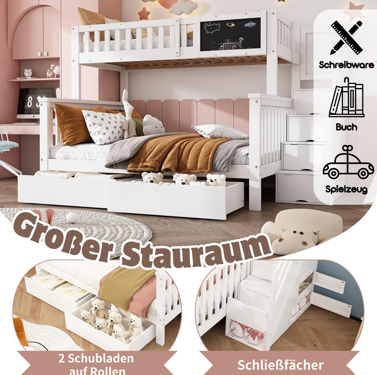 ETAGENBETT 90/200 & 140/200 cm aus Massivholz mit Treppe und Stauraum Weiß - Weiß, Holz (90/200cm) - Modenvie