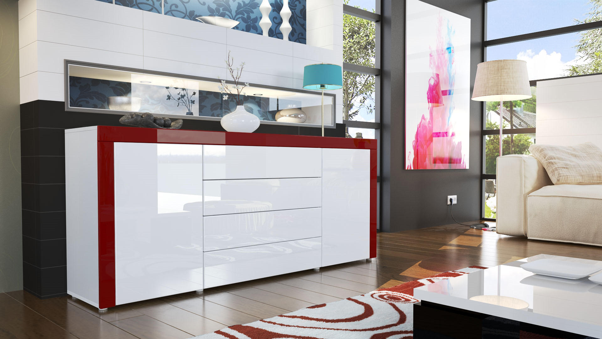 SIDEBOARD La Paz Weiß Hochglanz / Bordeaux Hochglanz - Weiß Hochglanz, Holzwerkstoff (167/72/35cm) - Vladon