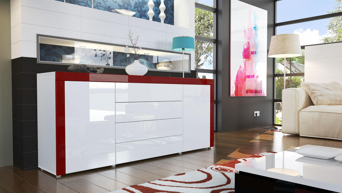 SIDEBOARD La Paz Weiß Hochglanz / Bordeaux Hochglanz - Weiß Hochglanz, Holzwerkstoff (167/72/35cm) - Vladon