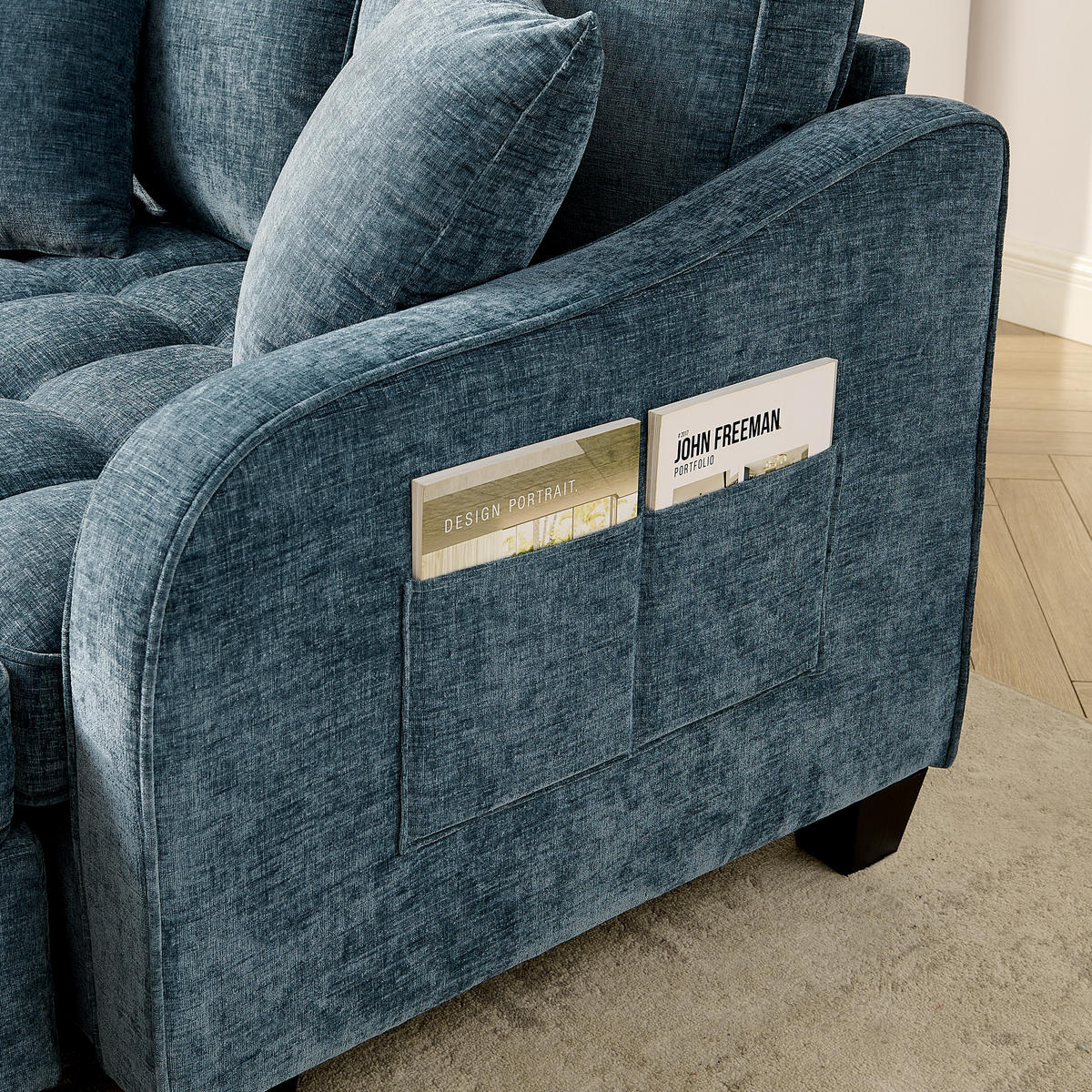 SOFA Chenille Blau mit Hocker und Schlaffunktion - Blau, Holzwerkstoff/Kunststoff (132/93/129cm) - WISHDOR