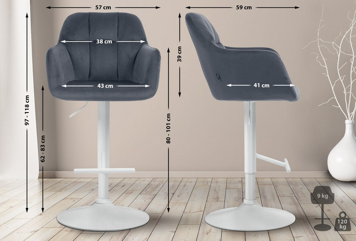 BARHOCKER Samt dunkelgrau - Dunkelgrau/Weiß, Textil (57/97/59cm) - CLP