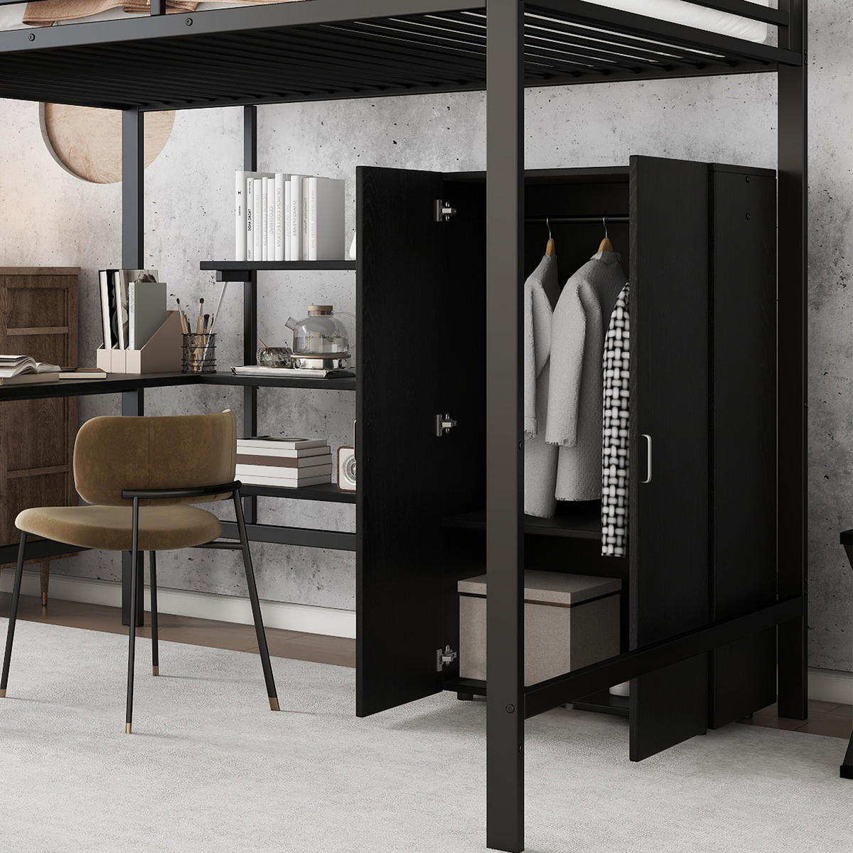 HOCHBETT 140/200 cm in Schwarz mit Schreibtisch, Kleiderschrank und Ablage aus Metall & MDF - Schwarz, Holzwerkstoff/Metall (90/200cm) - STILVORA