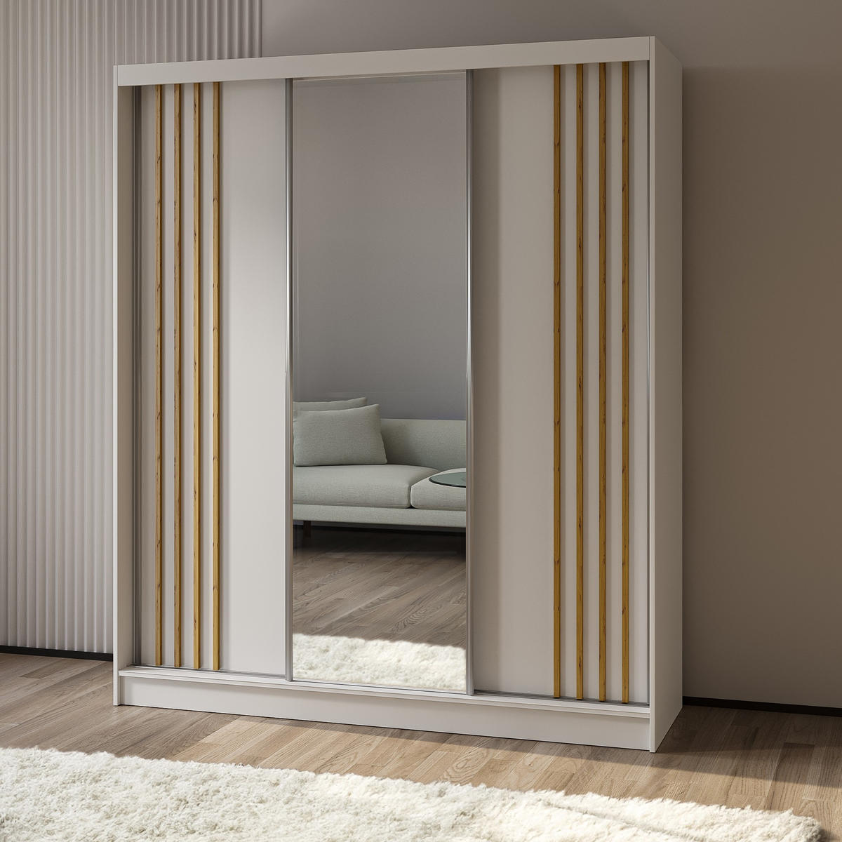 SCHWEBETÜRENSCHRANK NELVIA 180/216/61 cm 3-türig mit Spiegel Weiß - Weiß, Holzwerkstoff (180/216/61cm) - MASSENO