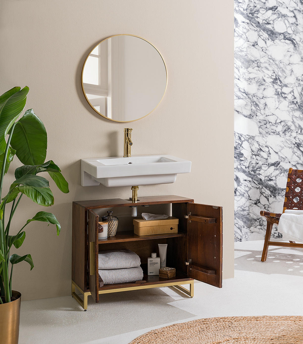 WASCHBECKENUNTERSCHRANK - Akazie massiv / Eisen - Akaziefarben, Holz/Metall (70/60/35cm) - home24