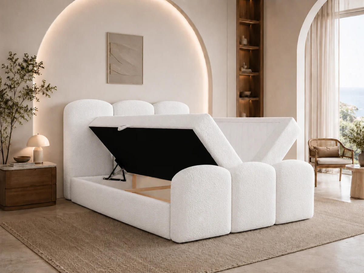 BOXBETT ROYAL 120x200 cm in Weiß, Bettkasten, Topper, Bouclé-Stoff - Weiß, Holz/Textil (120/200cm) - EMLAR Home