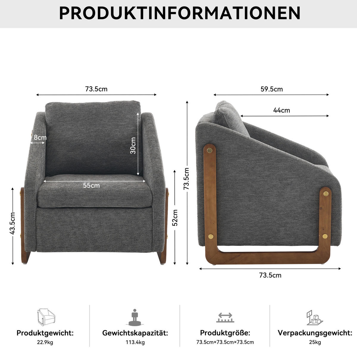 SESSEL mit Chenillebezug und Holzarmlehnen 73.5/73.5/73.5 cm Grau - Grau, Textil (73.5/73.5/73.5cm) - Redom