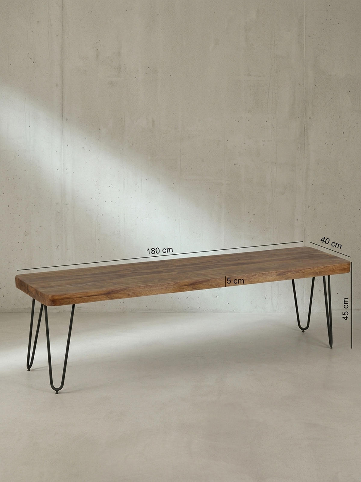 SITZBANK BALU Massivholz Metallbeine Landhausstil, Braun 180x40x45 cm - Schwarz/Braun, Holz/Metall (180/45/40cm) - KADIMA DESIGN