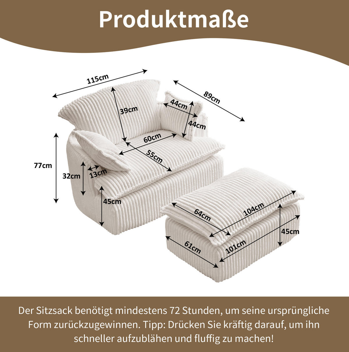 SOFA-SESSEL mit Hocker 115 x 89 x 77 cm Beige 2-tlg. - Beige, Kunststoff (89/77/115cm) - Meubliv