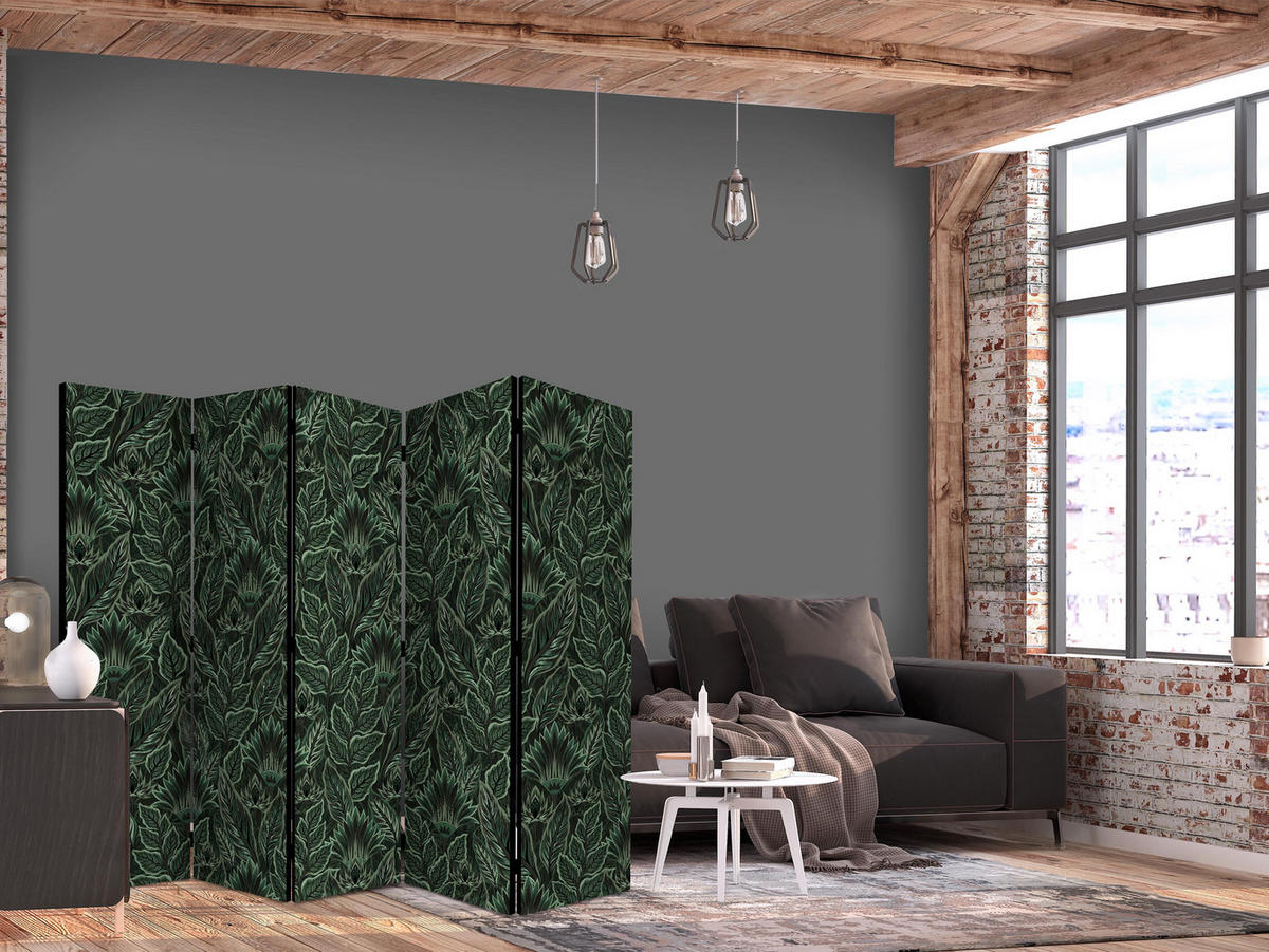 PARAVÁN Akustický 5-dielny 225x172 cm Zelené Listy - zelená, drevo/textil (225/172/3cm) - Muralo
