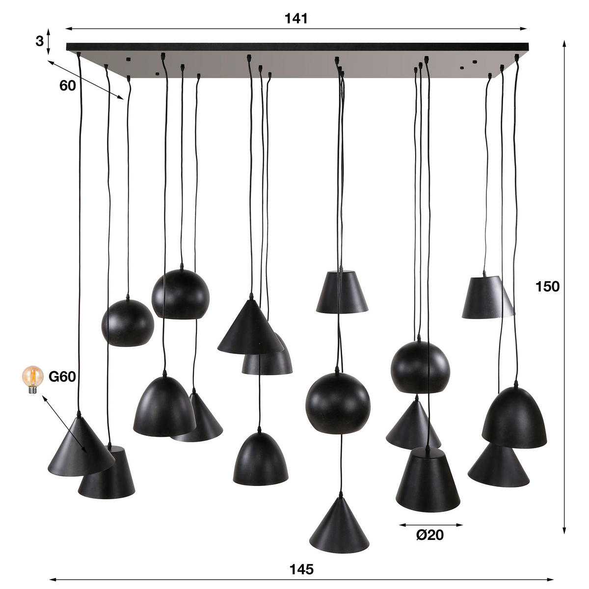HÄNGELEUCHTE Metka Schwarz 60/145/ 150 cm - Schwarz, Metall (60/145/150cm) - Hoyz Collection