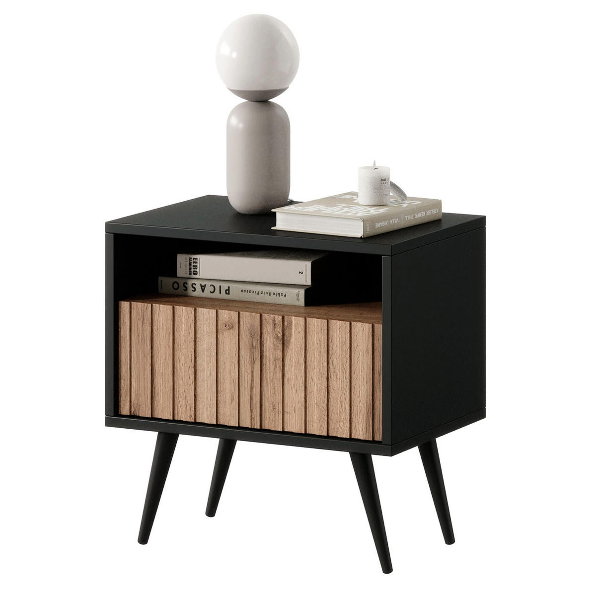 NACHTSCHRANK Bello Schwarz / Wotan-Eiche 47 cm - Schwarz, Holzwerkstoff/Metall (47/48/31.3cm) - Selsey
