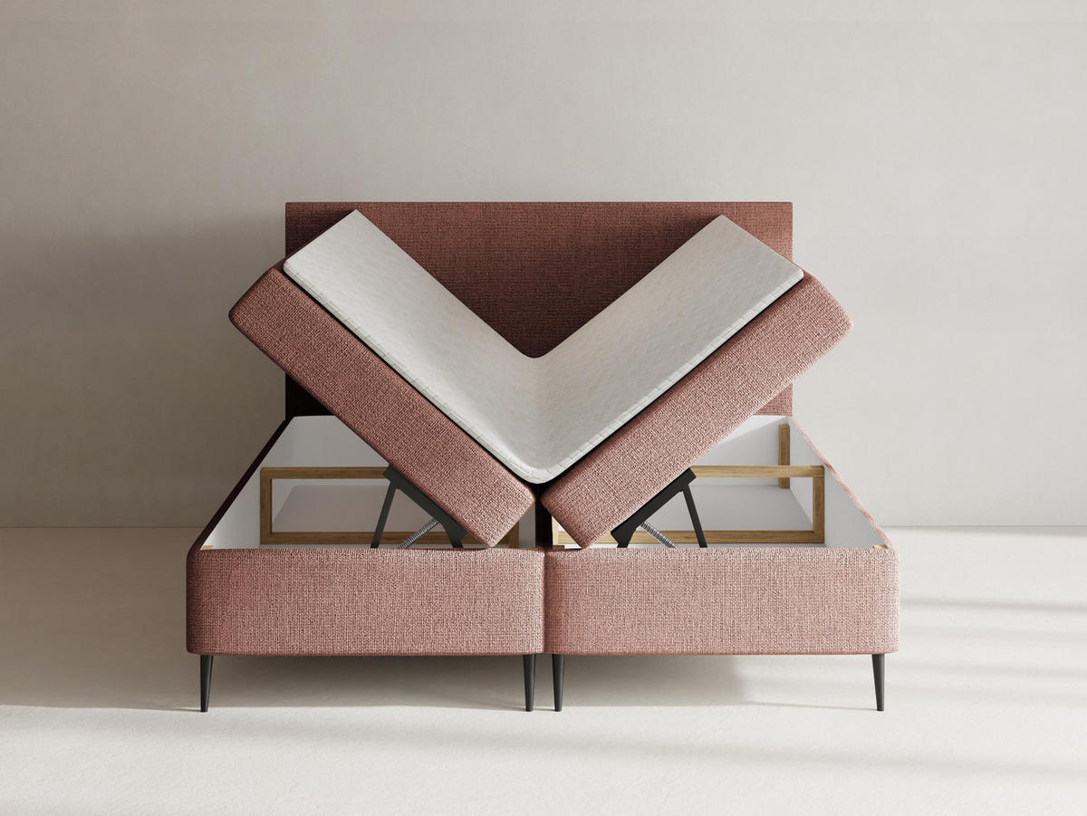 BOXBETT Alba Rise mit Bettkasten, Terrakotta Chenille 160x200 cm – inkl. H4 Taschenfederkern Matratze & Foam Topper - Rot/Terracotta, Holz/Textil (160/200cm) - WFL GROUP