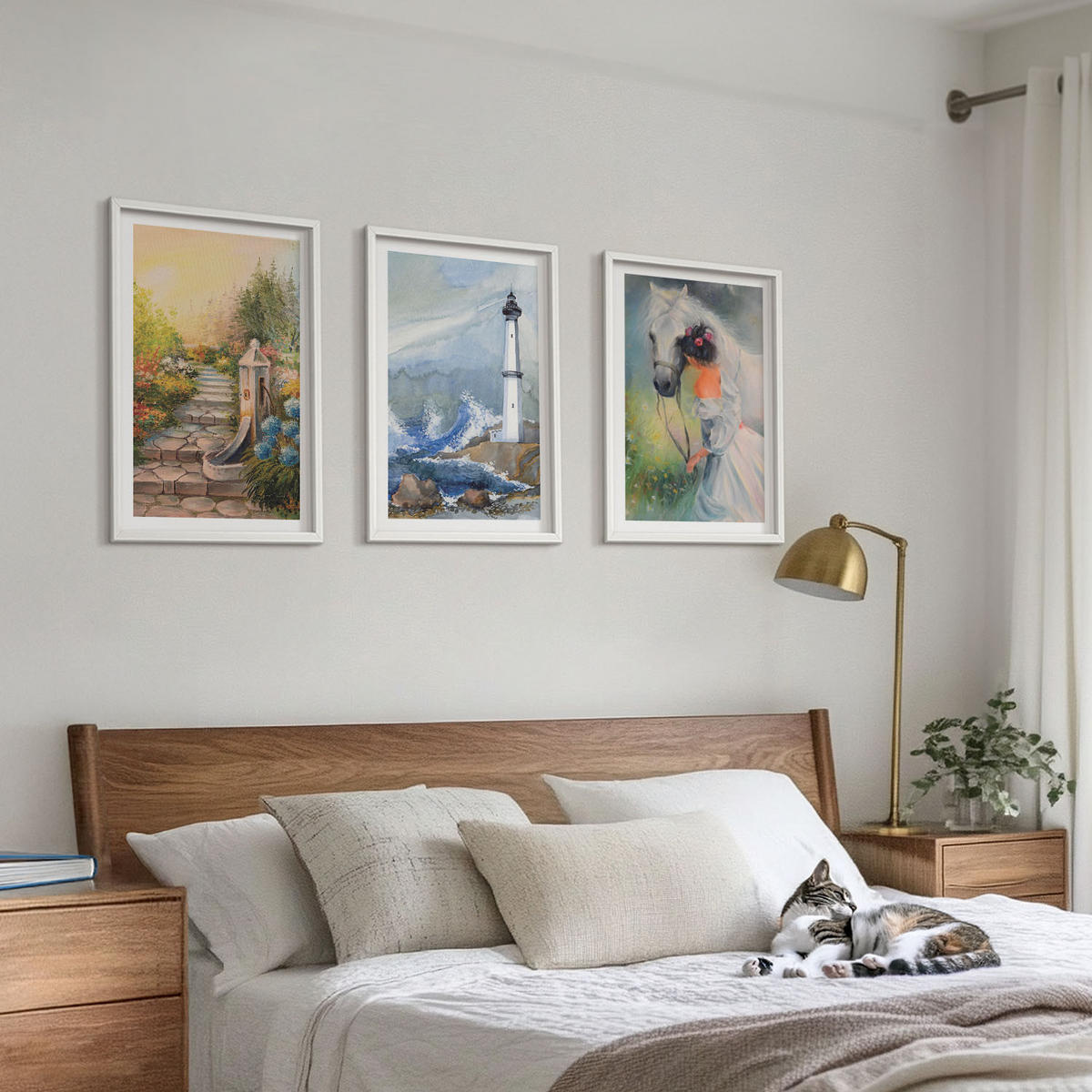 WANDBILDER 3er-Set - 40x60 cm Weißer Rahmen - Landschaft Leuchtturm Pferd Mädchen - Weiß, Kunststoff (40/60cm) - ArtPrintCave