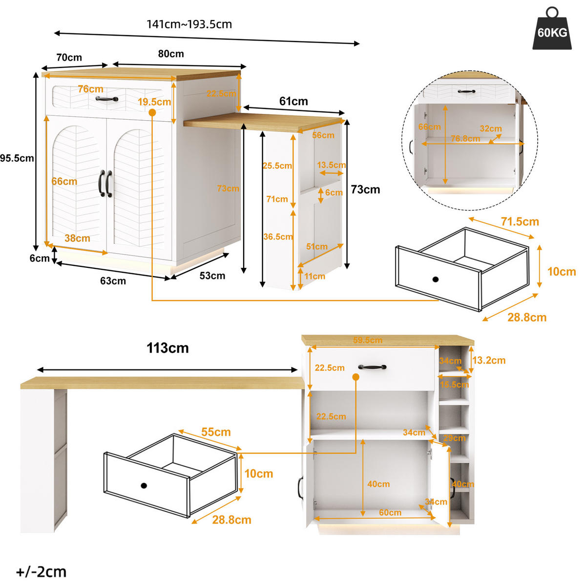 KÜCHENINSEL 80/70/95,5 cm aus MDF/Metall mit ausziehbarem Tisch Weiß - Weiß, Holzwerkstoff (80/95.5/70cm) - Modenvie