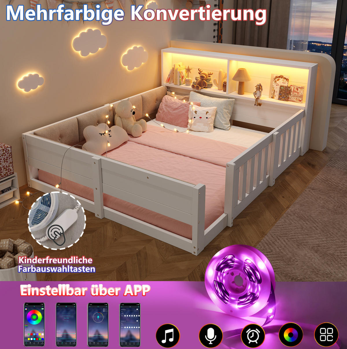 KINDERBETT aus Spanplatte & Plüsch 140x200 cm Weiß/Natur mit Gitter, LED und Kopfteil mit Stauraum - Weiß, Holzwerkstoff (140/200cm) - Modfu