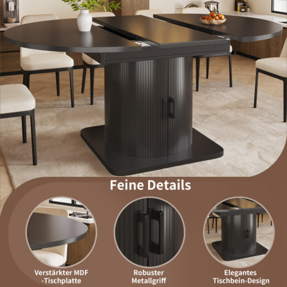 ESSTISCH Ausziehbarer 118-158×118×76 cm aus MDF und Metall mit integriertem Stauraum, schwarz - Schwarz, Holzwerkstoff (158/118/76cm) - Luhomfu