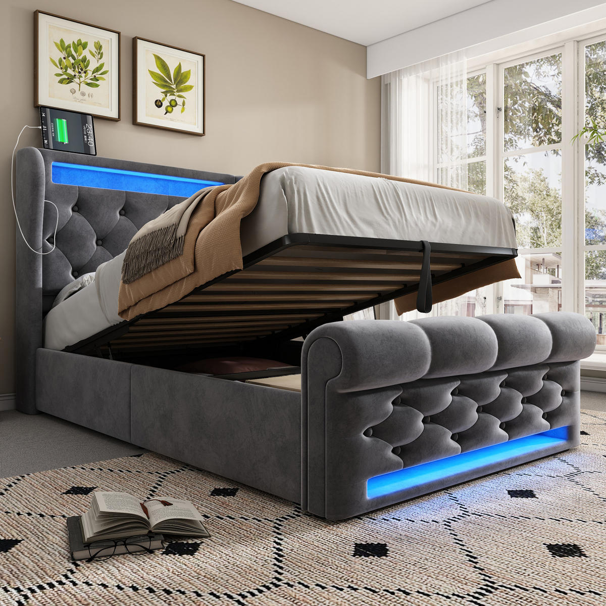 POLSTERBETT 90/200 cm Grau mit LED-Beleuchtung und Stauraum-Kopfteil aus Samt - Grau, Textil (90/200cm) - OKWISH