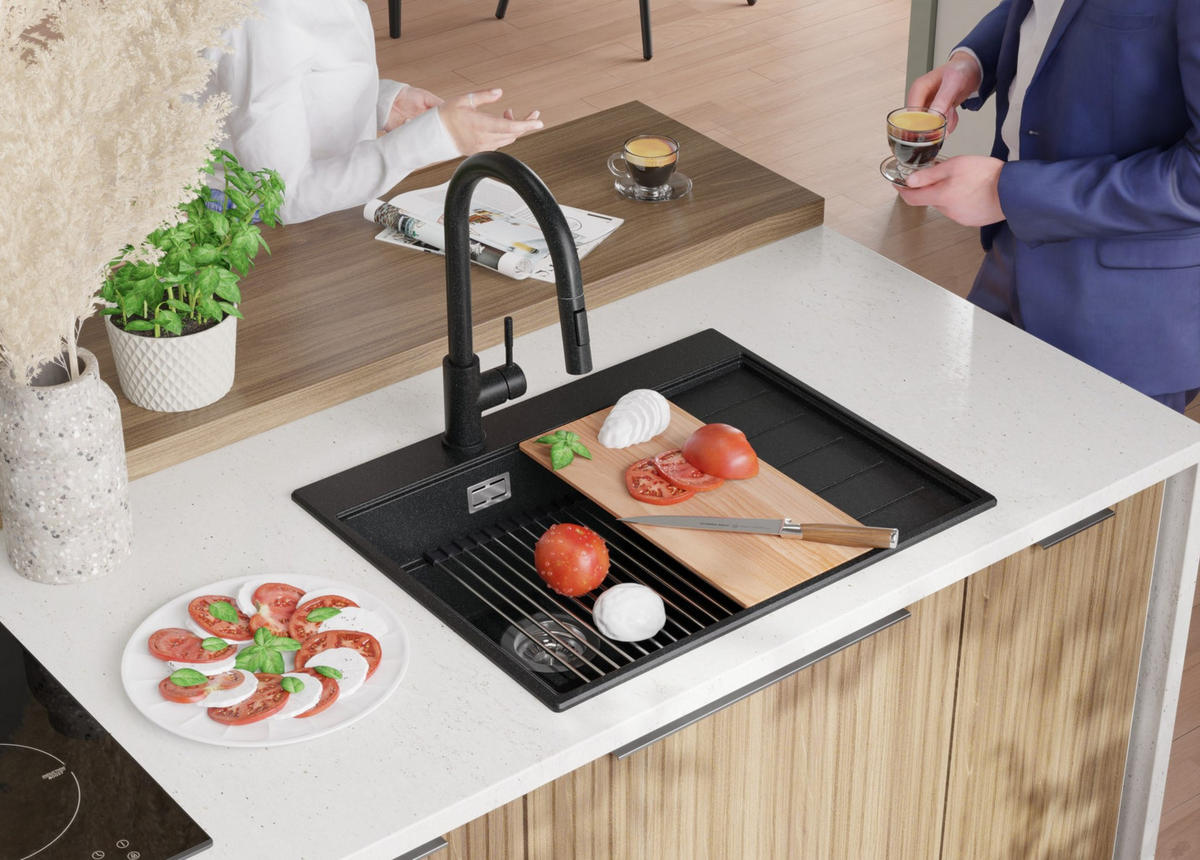 SPÜLBECKEN Sydney, 2-er set Anthrazit 62/50 cm 1 Becken + Ablauf-Set + Küchenzubehörset ab 45er Unterschrank - Chromfarben/Anthrazit, Kunststoff (62/20/50cm) - Primagran