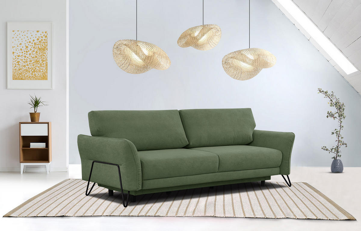 SOFA LOREM 3-Sitzer mit Schlaffunktion, grün - Schwarz/Grün, Holz/Textil (232/90/107cm) - Courtois Laville