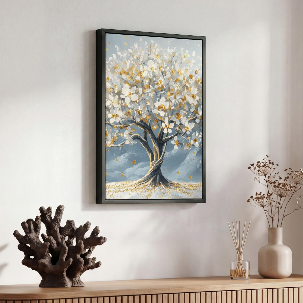 LEINWAND Bilder mit Rahmen - Baum - Winter - Baum des Lebens - Modern - Gold - 30x40 - Goldfarben, Textil (30/40cm) - MuchoWow