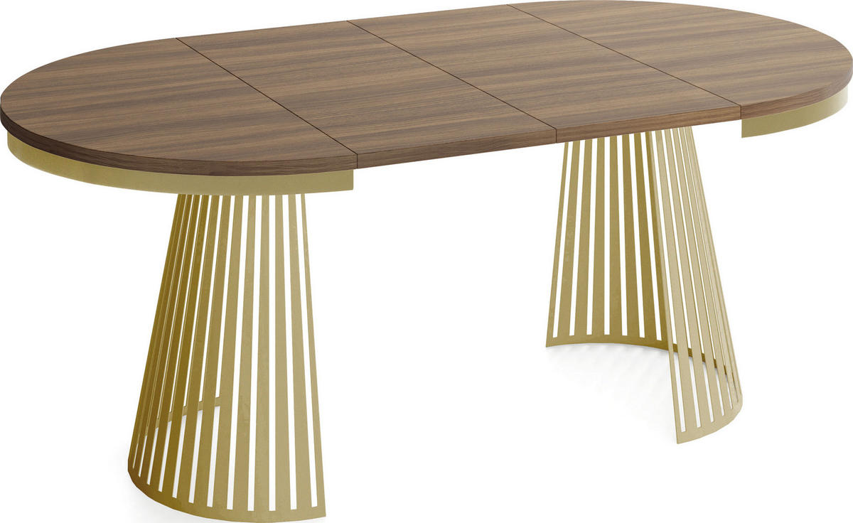 ESSTISCH Naro rund ausziehbar mit Goldem Lamellen-Metallgestell, Walnuss Braun 100-180/100/76 cm - Goldfarben/Walnussfarben, Holzwerkstoff/Metall (100/100/76cm) - WFL GROUP