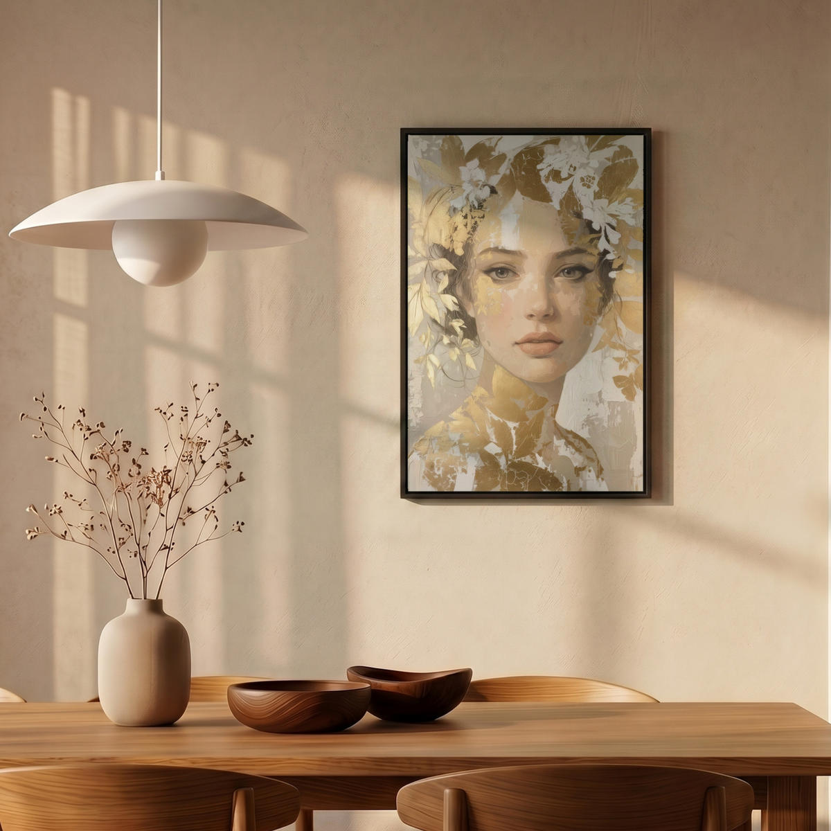 LEINWAND Bilder mit Rahmen - Gesicht - Frau - Blätter - Gold - 40x60 - Beige, Textil (40/60cm) - MuchoWow