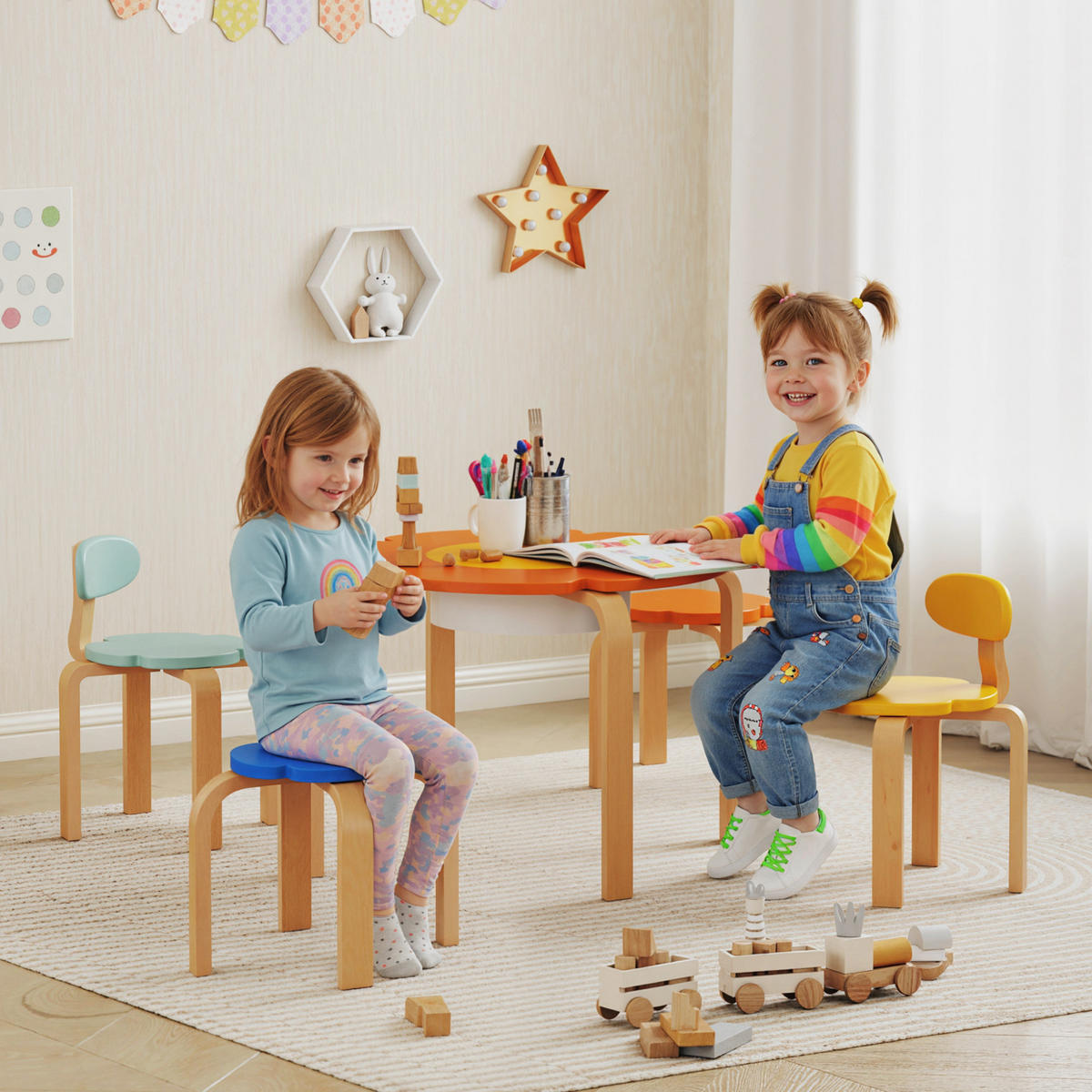 KINDERTISCH Holz mit 4 Stühlen, integriertem Stauraum, für 3-8 Jahre Kinder Bunt - Multicolor, Holz (69/45/69cm) - AIYAPLAY
