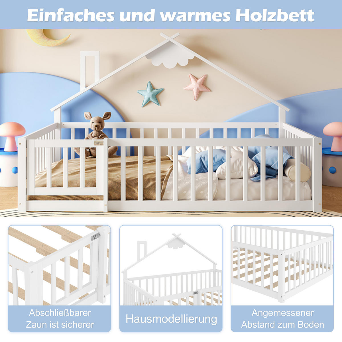 FLACHBETT 140x190cm Weiß Kiefer Kinderbett Hausleiste Geländer - Weiß, Holz (140/190cm) - FLIEKS