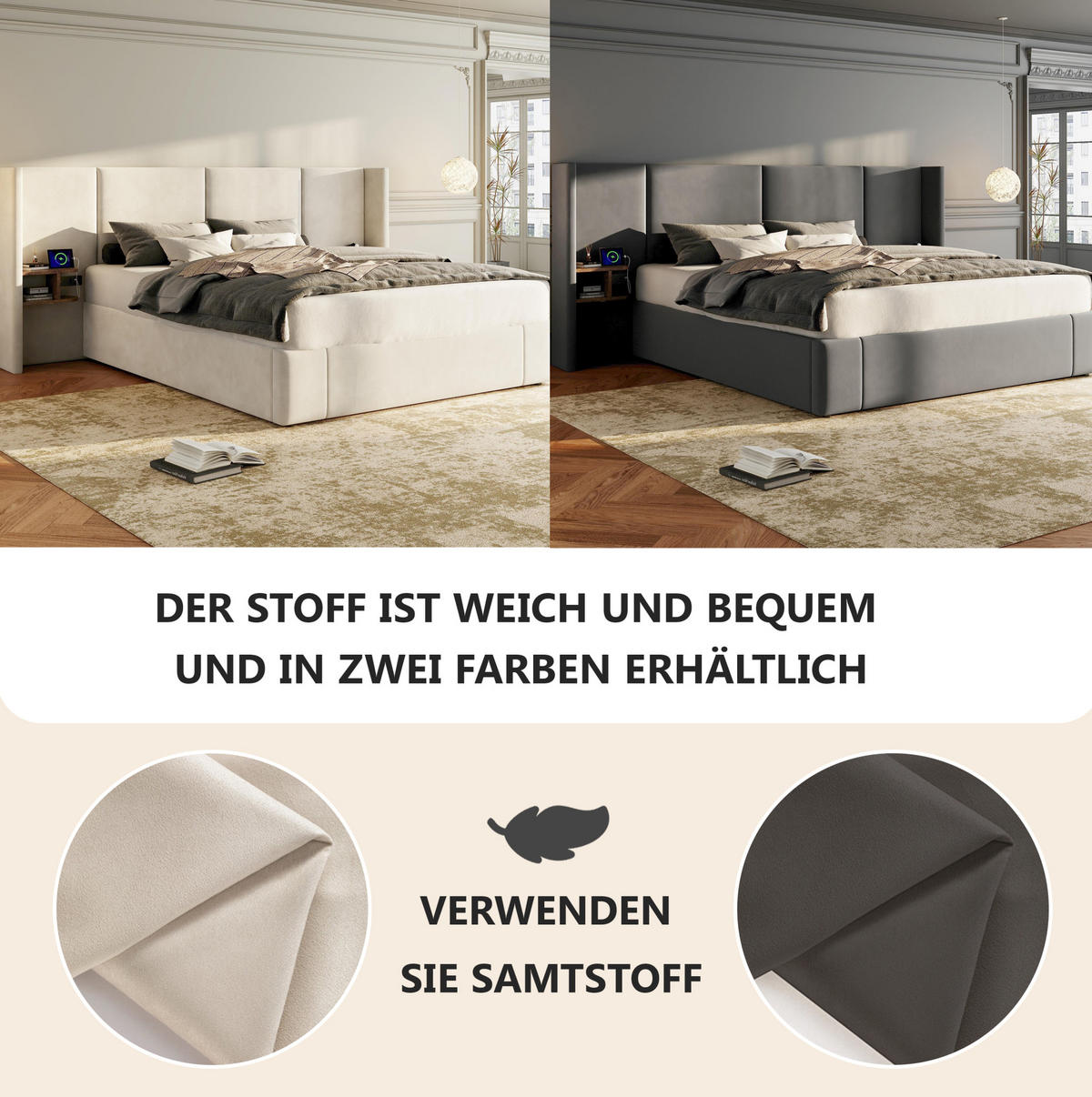 POLSTERBETT 140/190 cm aus Leinen mit Stauraum und Ladestation Beige - Beige, Textil (140/190cm) - Modenvie