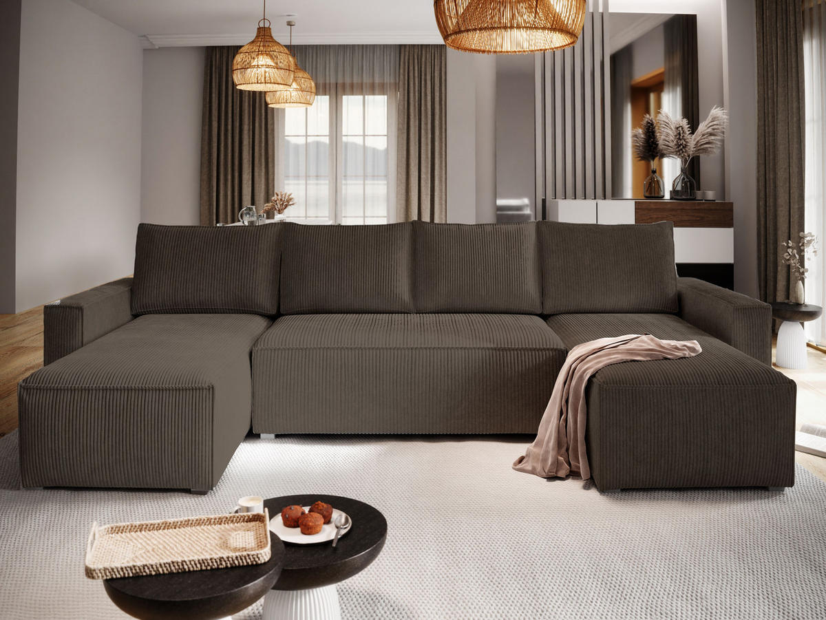 WOHNLANDSCHAFT ASPRA Braun Kordstoff mit Schlaffunktion - Braun, Holz (295/85/140cm) - MASSENO