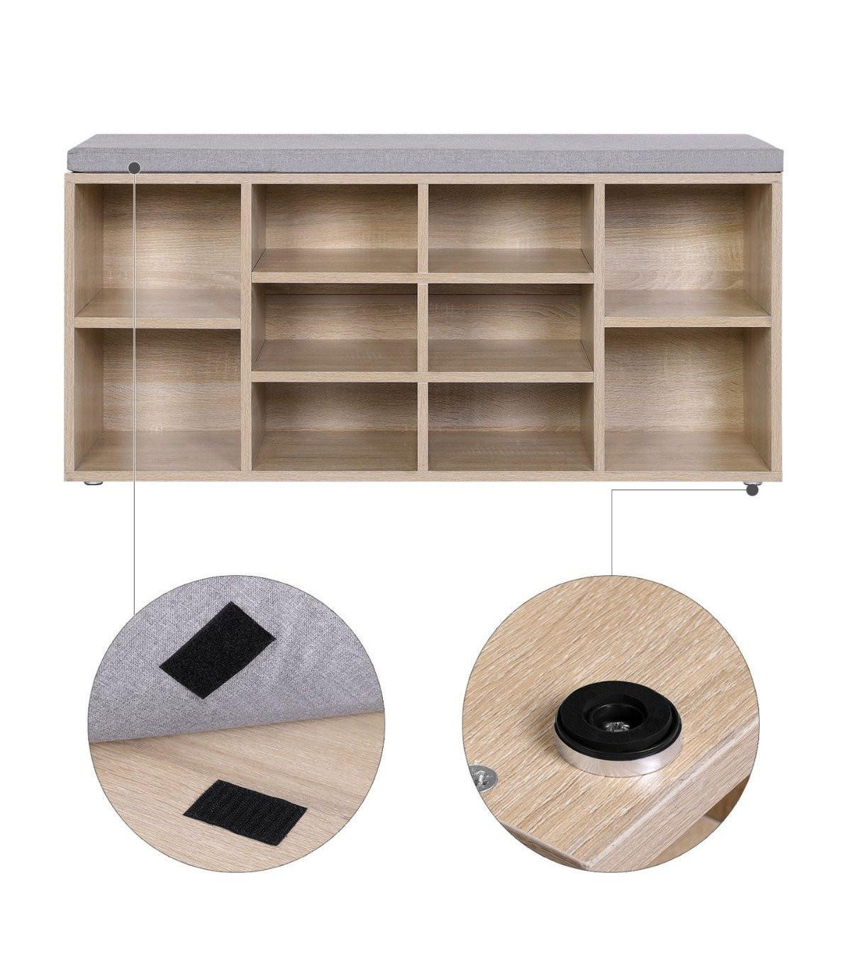 SCHUHBANK mit 10 Nischen Holzdekor - L104 cm - Grau, Holzwerkstoff (30/48/104cm) - Calicosy