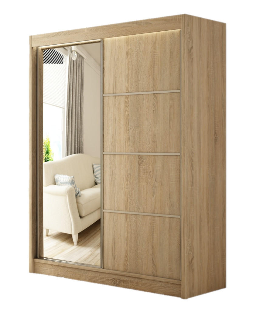 SCHWEBETÜRENSCHRANK Padwa 150 cm mit Spiegel 2-türig, Eiche sonoma - Sonoma Eiche, Kunststoff (150/215/61cm) - Margaret Hadas24