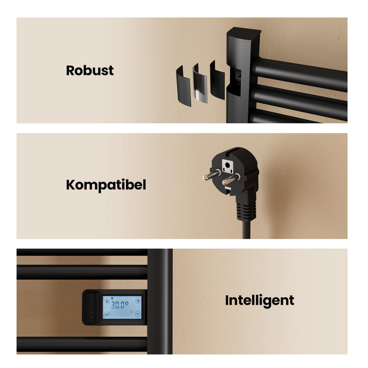 HEIZKÖRPER Elektrischer Handtuchhalter Schwarz 75/40/4,3 cm - Schwarz, Metall (40/75/4.3cm) - EMKE