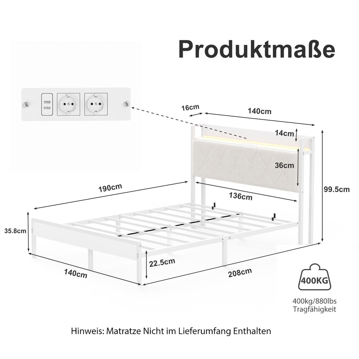 POLSTERBETT 140/190 cm mit LED und Ladestation, DE-41903, in Weiß - Weiß, Metall (140/190cm) - ComfortXL