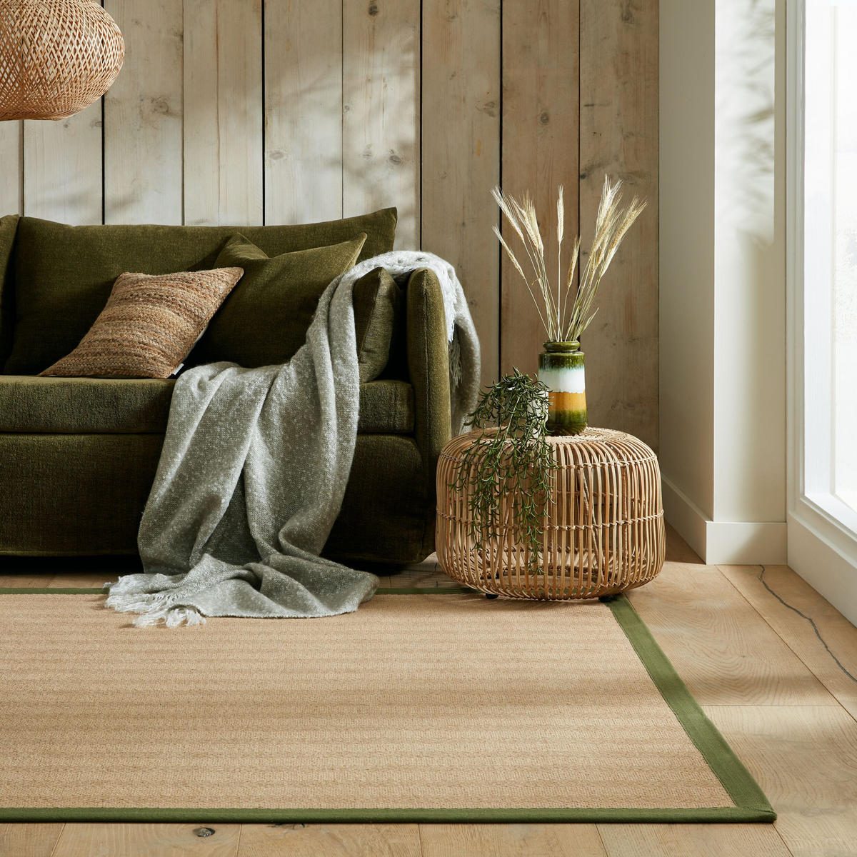 TEPPICH Jute mit Bordüre, Geometrisch-Design TRENT KIRA, Braun-Grün 120x170 cm - Naturfarben/Grün, Textil (120/170cm) - KADIMA DESIGN