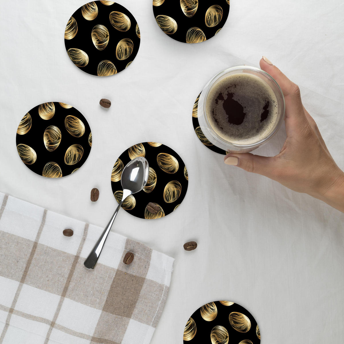 GLASUNTERSETZER Eier - Gold - Muster 10x10 cm - Schwarz, Naturmaterialien (10/0.2cm) - MuchoWow