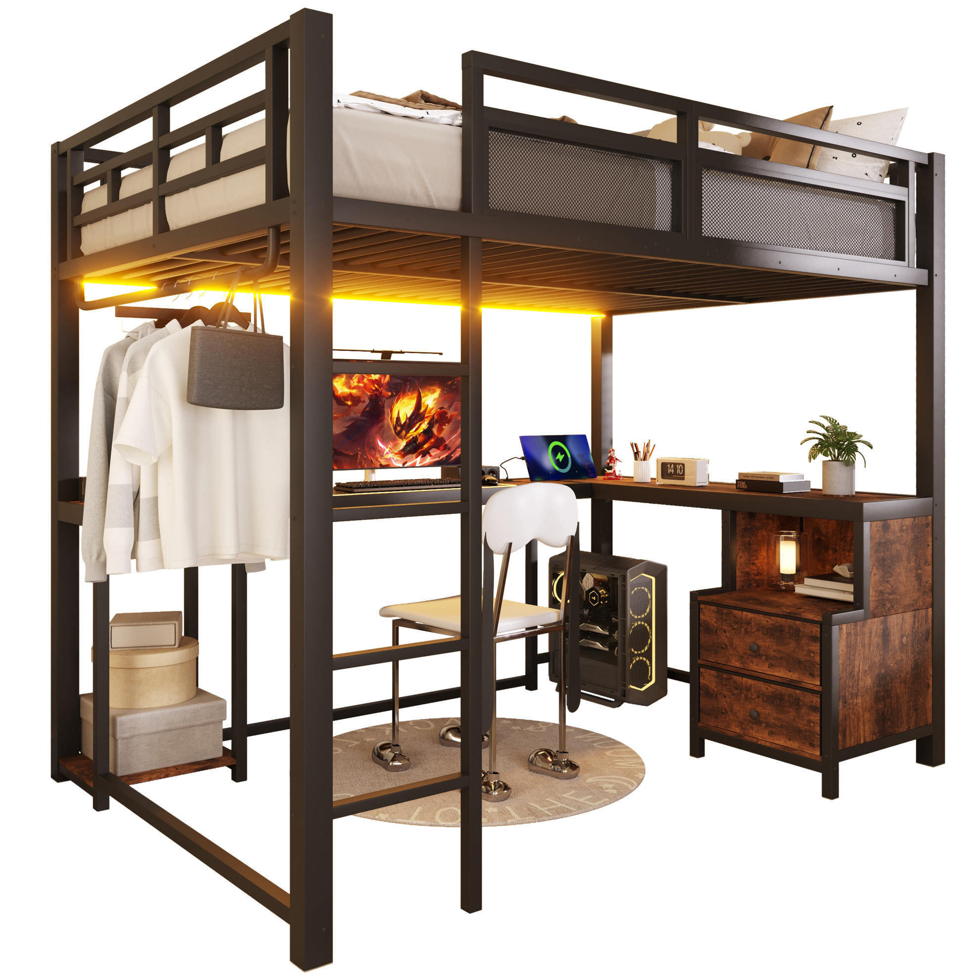 HOCHBETT 140/200 cm Schwarz mit LED, USB und Metall - Schwarz, Metall (140/200cm) - MIVRAY