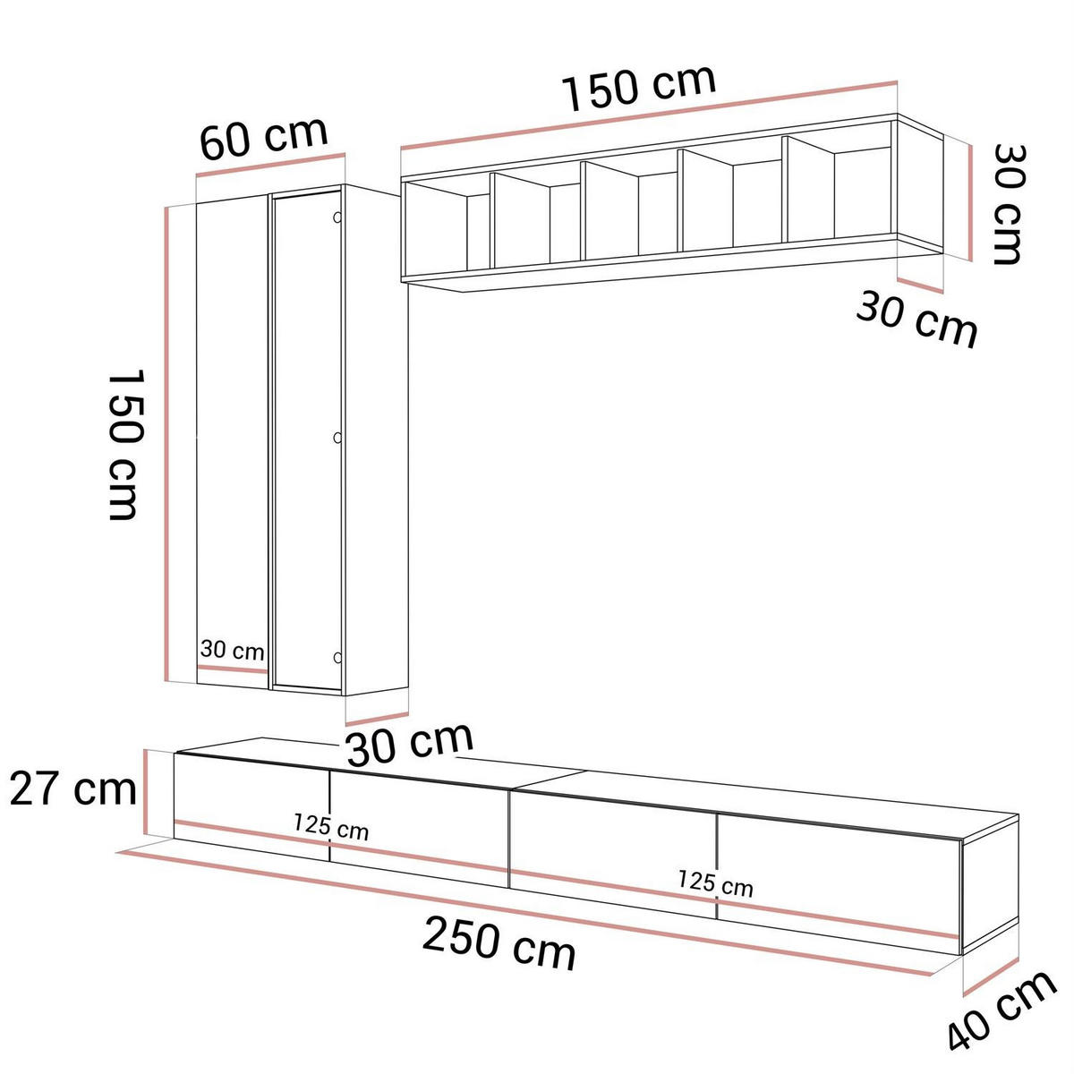 WOHNWAND CARMEN II, hängend mit LED-Beleuchtung. - Kaschmir, Holzwerkstoff (250/27/40cm) - Lookway