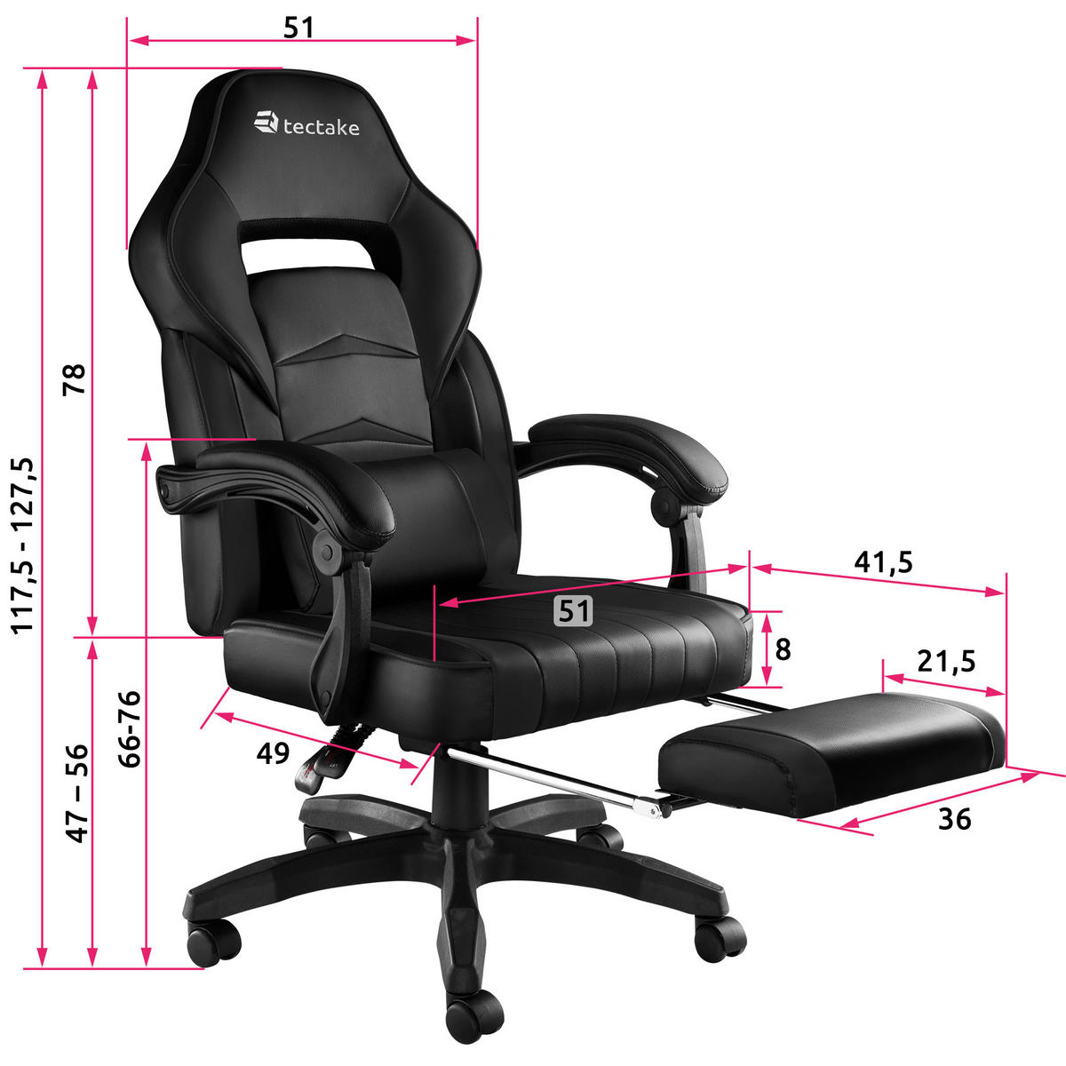 RACING BÜROSTUHL Comodo,inklusive Lendenkissen, Belastbarkeit 120 kg,schwarz/schwarz - Schwarz, Textil (70/127.5/69cm) - tectake