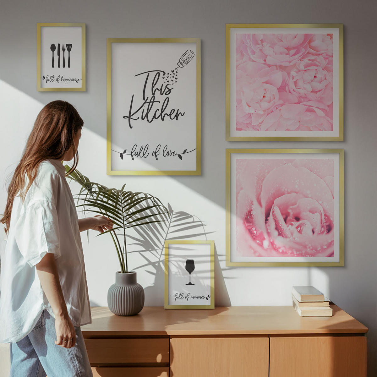 WANDBILDER 5er Set - 50x50 cm & 20x30 cm & 40x60 cm Goldrahmen - Zen-Gemälde, Wassersteine, Buddha - Goldfarben, Kunststoff (40/60cm) - ArtPrintCave