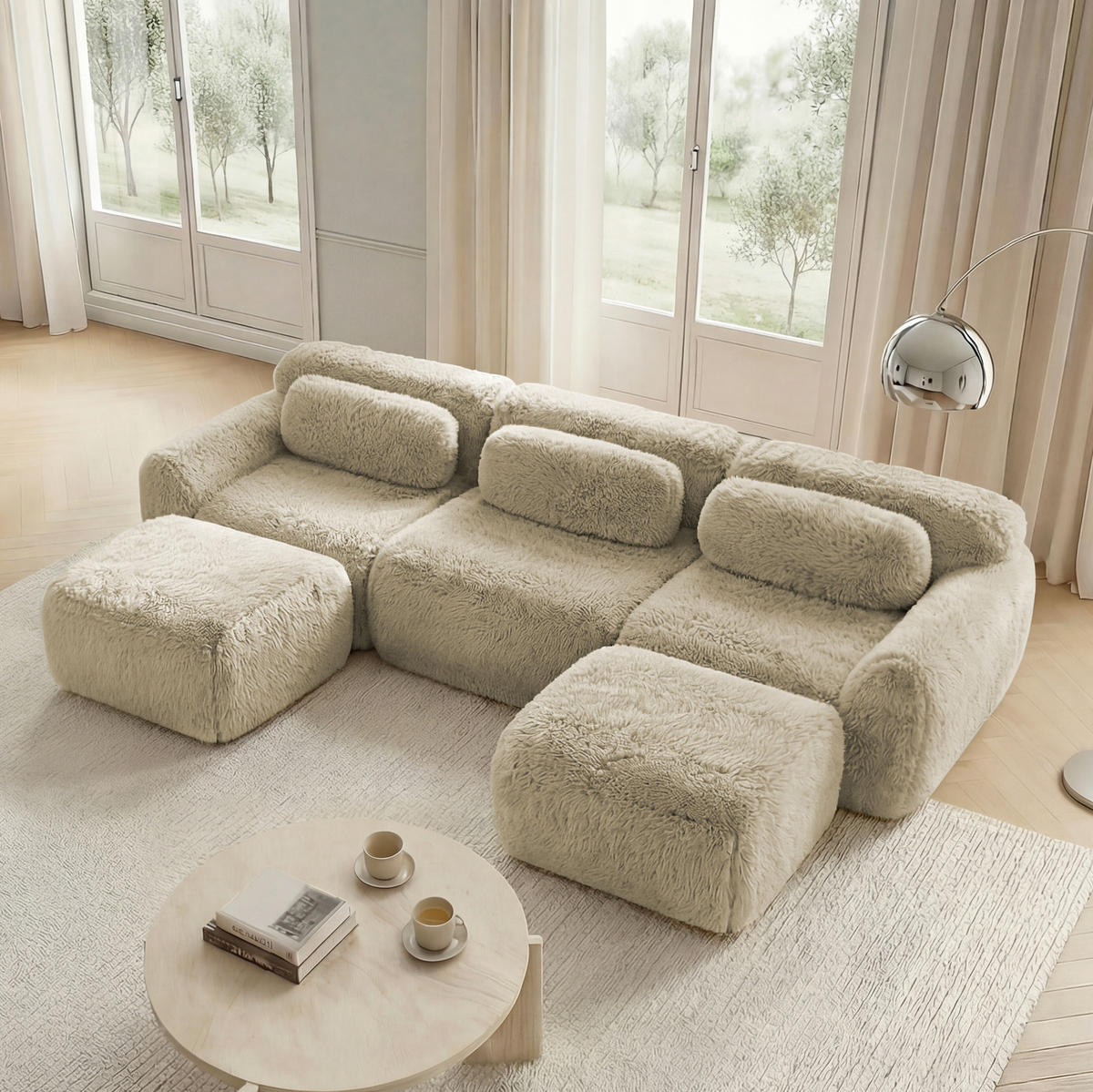 ECKSOFA 291/179/73 cm Hellkhaki aus Plüsch mit U-Form, rutschfester Basis und Kissen - Beige, Textil (179/291cm) - OKWISH