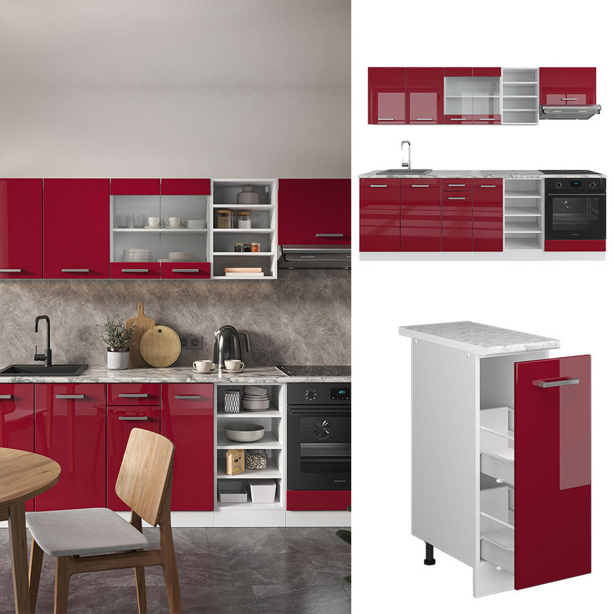 KÜCHENZEILE R-Line Rot Hochglanz/Weiß 240 cm ohne AP - Bordeaux/Weiß, Holzwerkstoff (240/81.6/46cm) - Vicco
