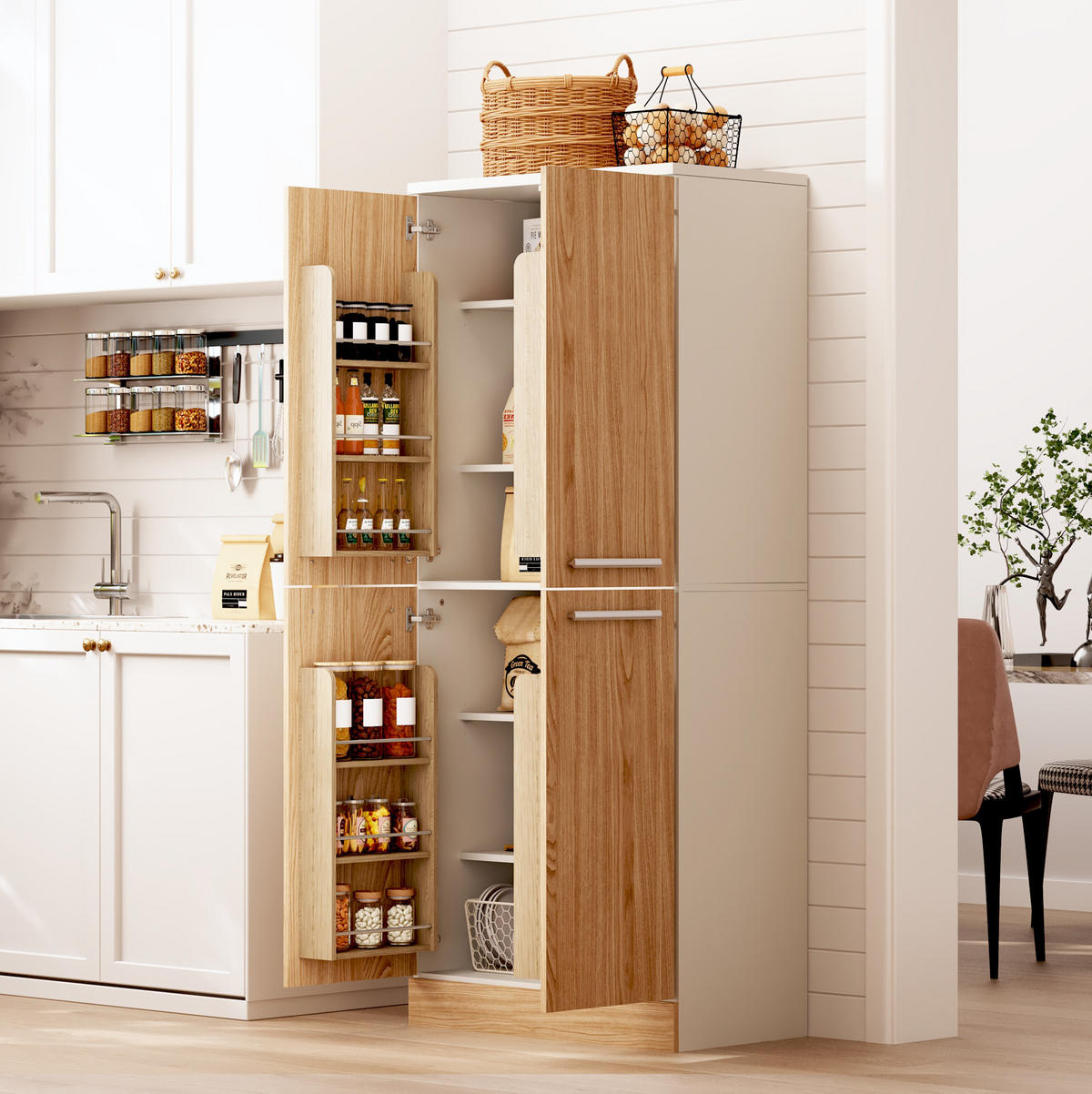 BUFFET 76/42/180 cm in Weiß/Eichefarben mit 4 Türen - Weiß, Holzwerkstoff (76/180/42cm) - Flora Grace