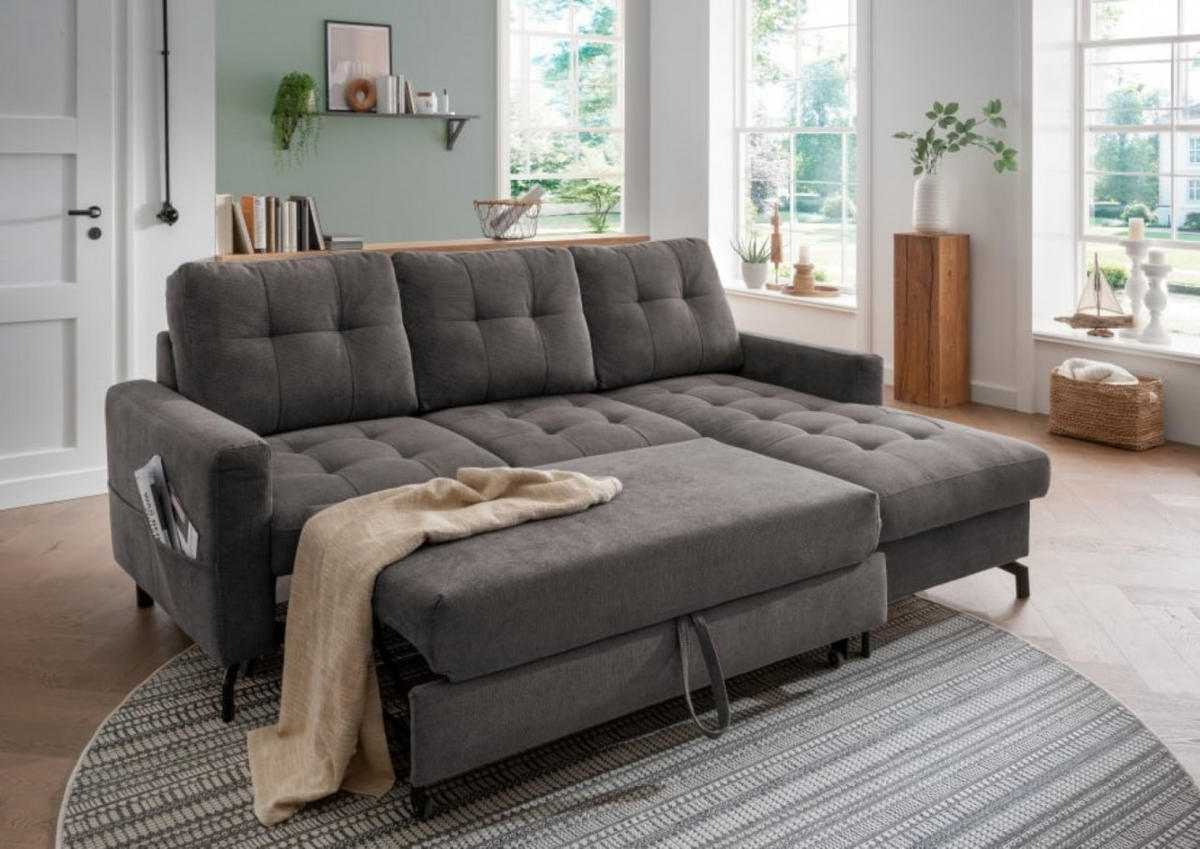 ECKSOFA mit Schlaffunktion und Bettkasten, Luxus-Mikrofaser - Anthrazit/Schwarz, Textil/Metall (150/230cm) - myHomelando