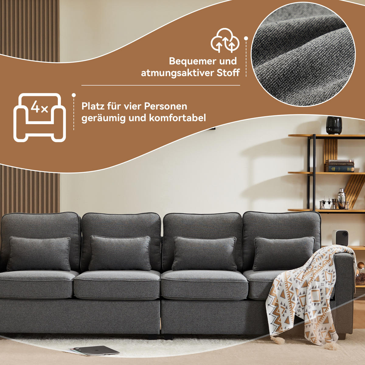4-SITZER-SOFA Mit Leinenarmlehnen Und 4 Kissen Grau 264/83/87 cm - Grau, Holzwerkstoff/Metall (83/87/264cm) - Urban Meuble