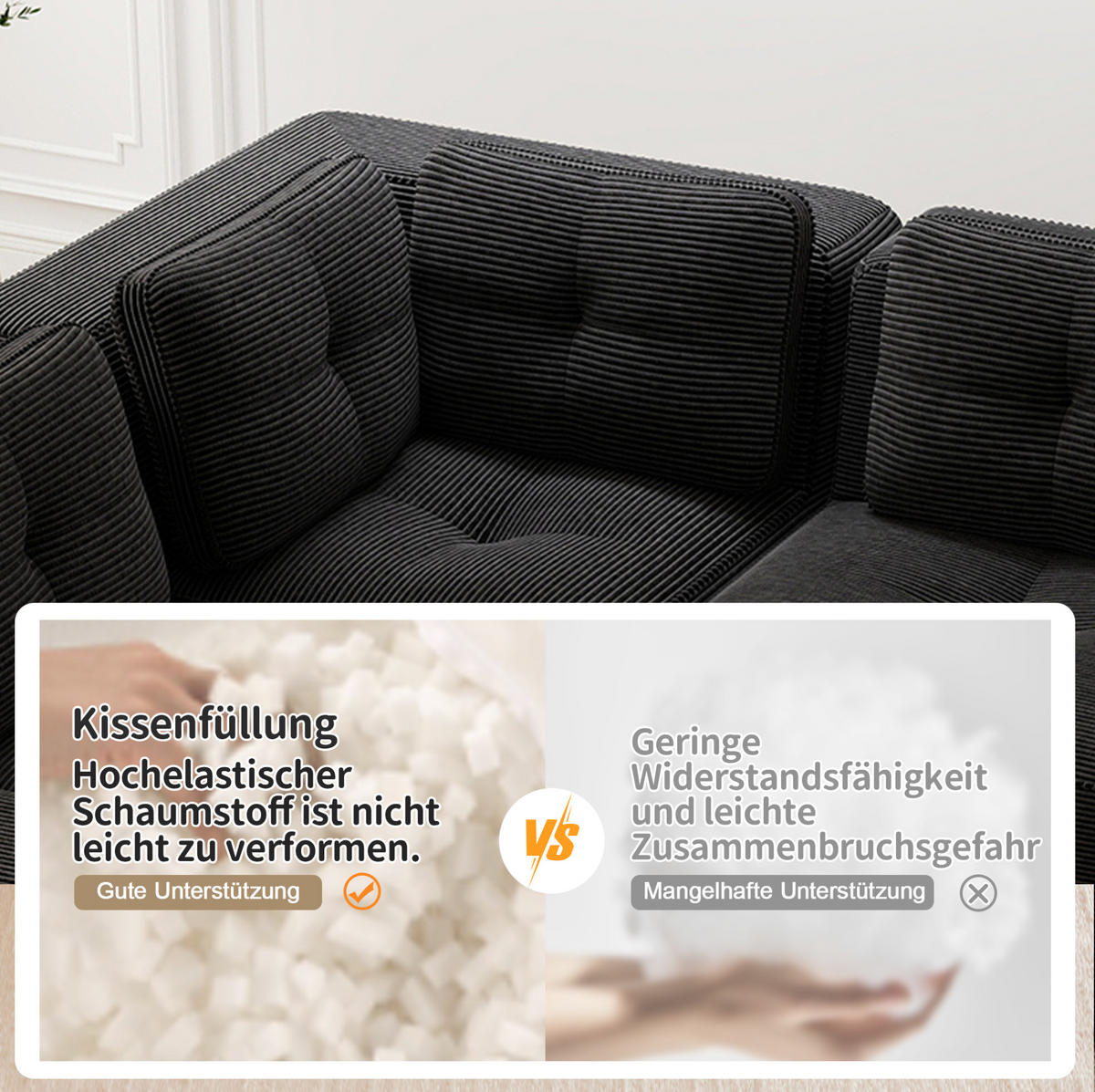 SOFA 386/104/69 cm in Schwarz, modular mit Cordbezug - Schwarz, Textil (104/69/386cm) - Flora Grace