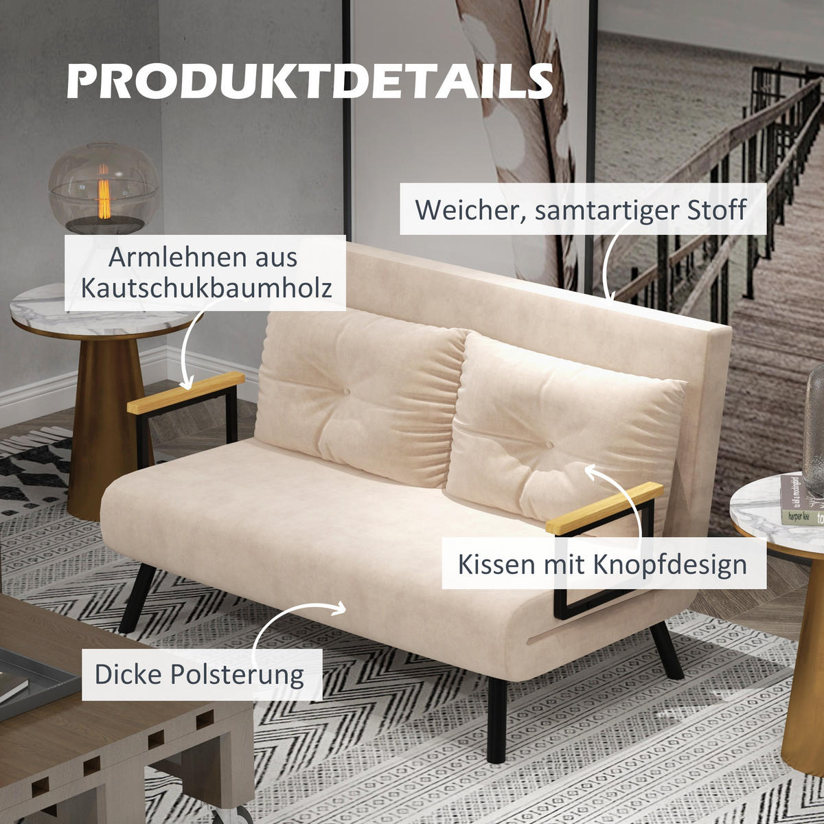 SCHLAFSOFA, Zweisitzer mit Bettfunktion, Schlafcouch mit Samtoptik, Rückenkissen - Beige/Schwarz, Holz/Textil (73/81/102cm) - HOMCOM