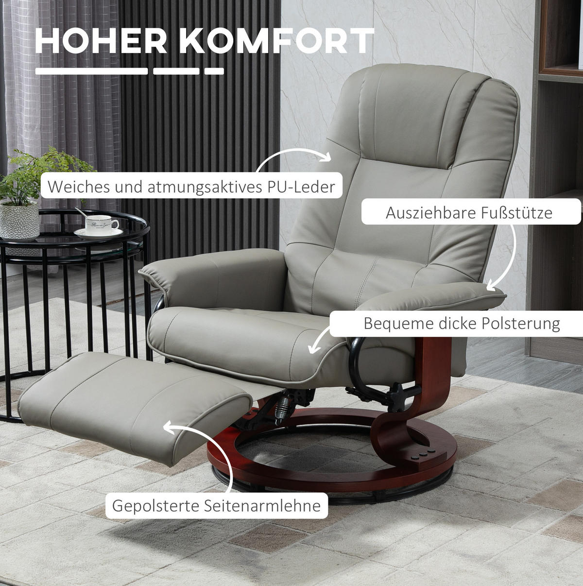 RELAXSESSEL in Grau 87x78x100 cm mit verstellbarer Rückenlehne und Fußstütze - Grau, Kunststoff (78/100/87cm) - IVMEU