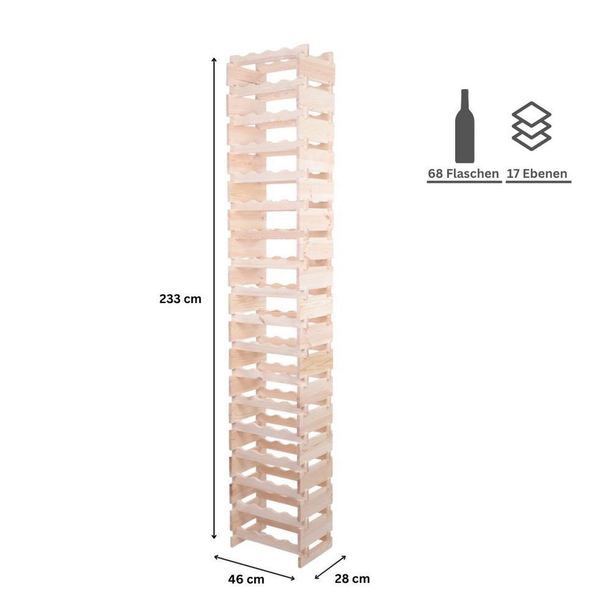 WEINREGAL VINOTECA FLEX PRO HxBxT 233x46x28cm 68 Flaschen auf 17 Ebenen Natur unbehandelt - Naturfarben, Holz (46/233/28cm) - PROREGAL