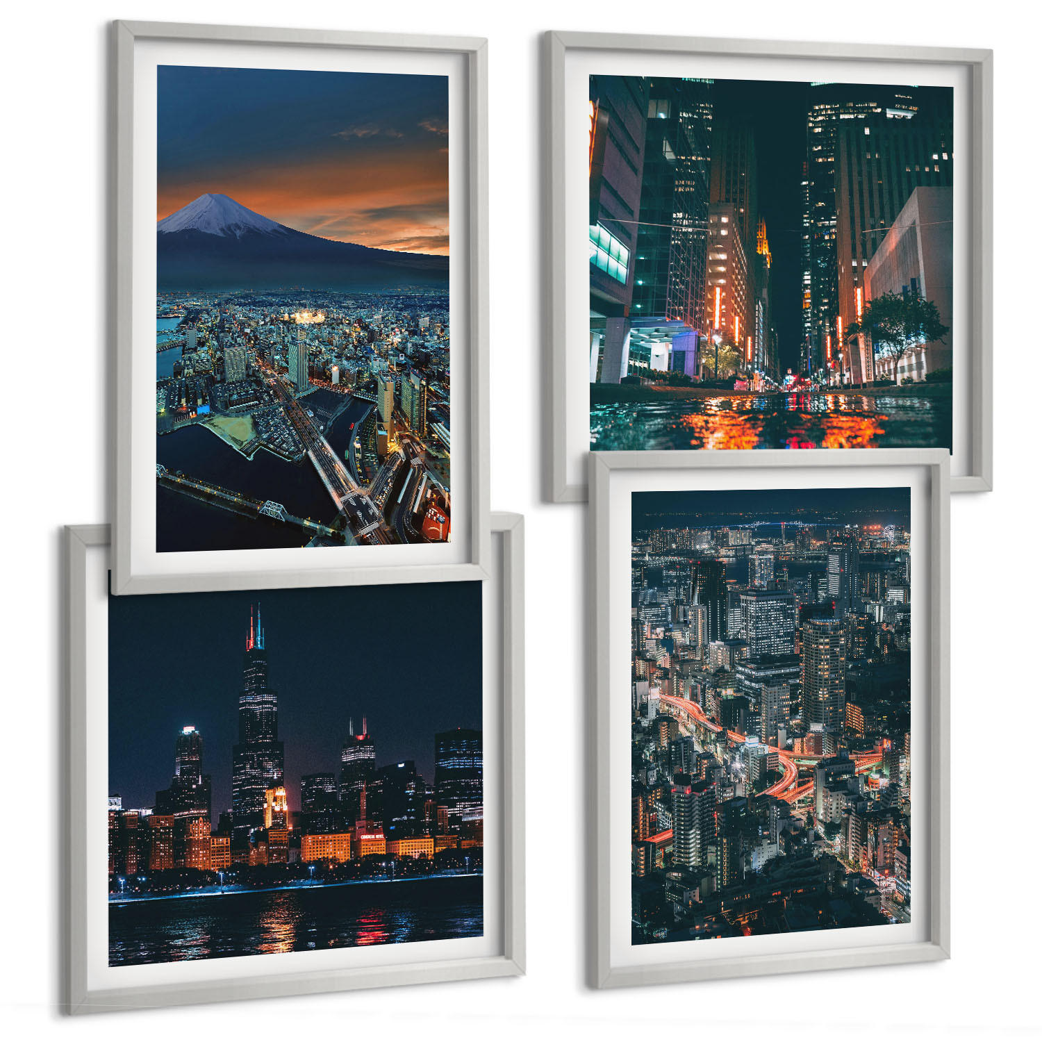 BILDER SET 4er Set - 50x50 cm & 40x60 cm Silberner Rahmen - Bergpanorama der Stadt bei Nacht - Silberfarben, Kunststoff (50/50cm) - TULUP